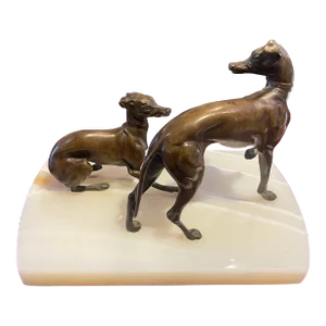 1910s Antique Bronze Sculpture of Two Greyhounds Playing on Onyx Base After Mene