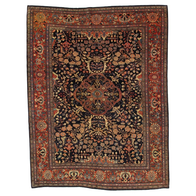 Antique Farahan Sarouk Carpet, Handmade Oriental Rug, Navy, Ivory, Green, Red For Sale - Image 18 of 18