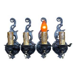 Four Storybook Wall Sconces From 1920s With Original Finish, New Wiring, Antique Style Candle Sleeves Hammered Tudor Spanish Revival For Sale