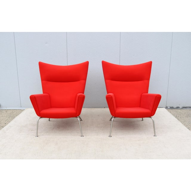 MCM Danish Hans J. Wegner for Carl Hansen & Son Ch445 Wing Lounge Chairs, a Pair For Sale In New York - Image 6 of 18