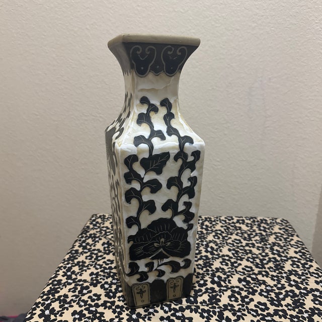 Vintage Tall Ceramic Taupe Vase With Painted Flowers For Sale - Image 11 of 12