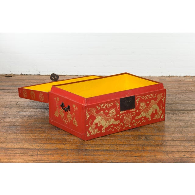 Red Lacquered Chinese Blanket Chest with Gilt Motifs and Guardian Lions For Sale - Image 9 of 12