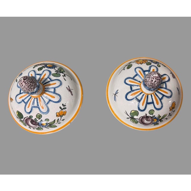 Ceramic Pair of Antique French Faience Floral Hand Painted Double Handled 15" Vases Urns W Lids For Sale - Image 7 of 12