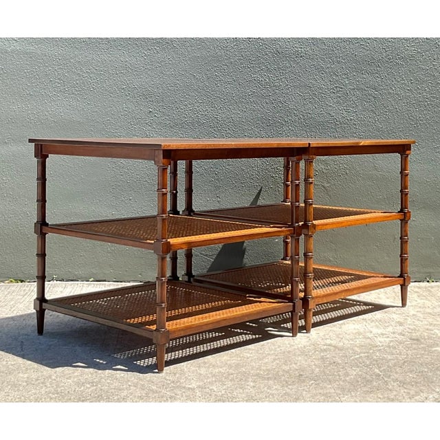 Mid-Century Modern Vintage Wood and Cane Tiered Side Tables For Sale - Image 3 of 12