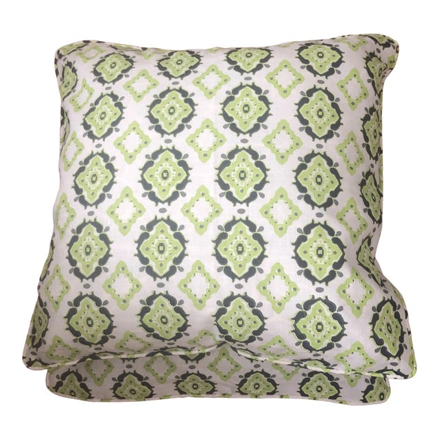 Contemporary Green & Blue Hand-Printed Linen Pillow Covers- a Pair For Sale
