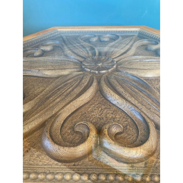 Vintage Hexagonal Wood & Glass Accent Table With Carved Top For Sale - Image 9 of 10