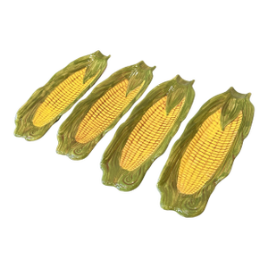 Vintage Majolica-Style Corn on the Cob Dishes Hand-Painted Ceramic Serving Plates Trompe L’Oeil - Set of 4