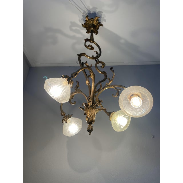 Metal Art Nouveau Golden Chandelier with Frosted Glass Shades For Sale - Image 7 of 18