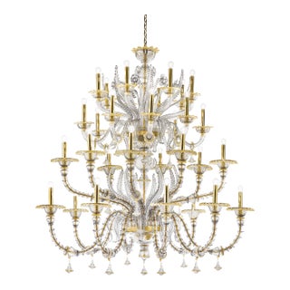Huge Transparent and Gold Ca’ Rezzonico With Leaves Murano Glass Chandelier For Sale