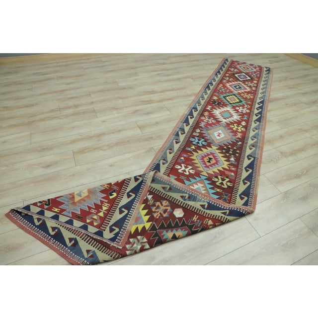 1970s Southwestern Style Hand Knotted Red Oushak Kilim Runner Rug 2.6 X 13.4 Ft For Sale - Image 4 of 8