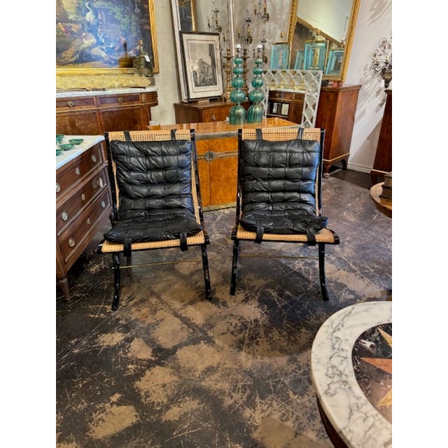 Black Pair of Black Lacquer Chairs With Leather Cushions For Sale - Image 8 of 8