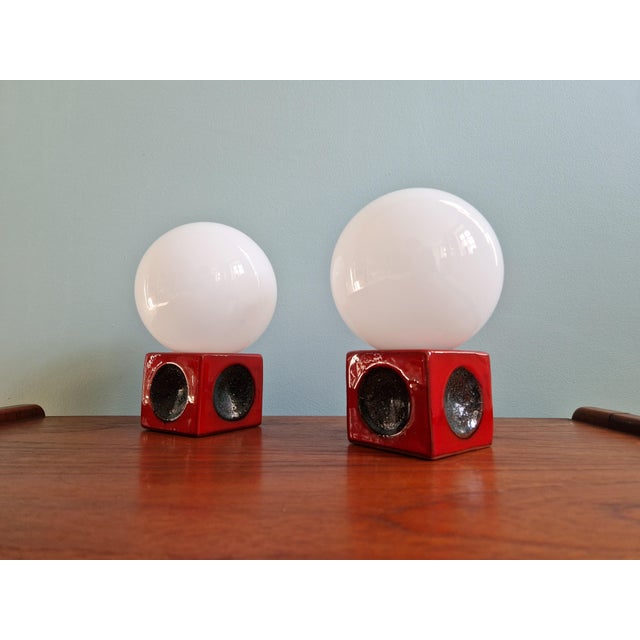 Red Ceramic Bedside Lamps with Opaline Glass Globes, 1970s, Set of 2 For Sale - Image 11 of 14