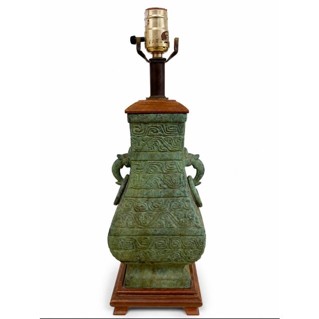 Vintage Chinese Bronze Lamp on Wood Base For Sale - Image 10 of 10