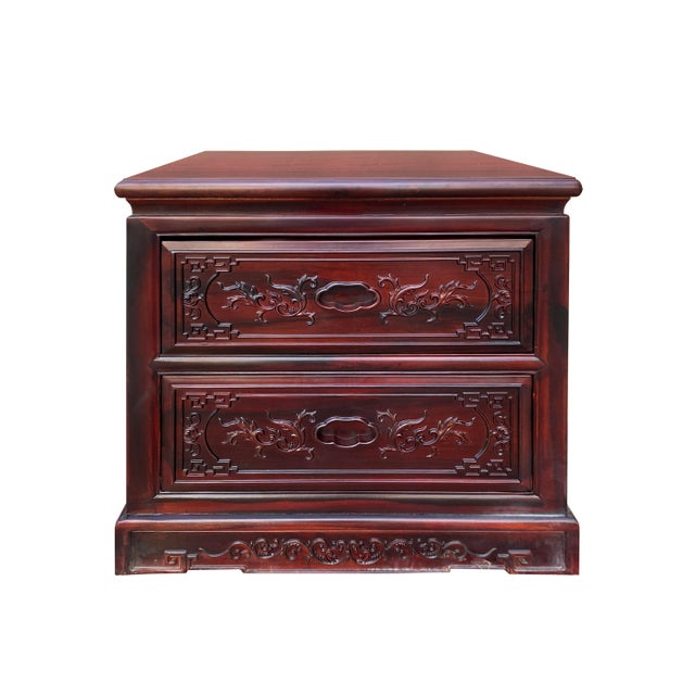 Burnt Umber Chinese Oriental Solid Wood Flowers Motif End Table Nightstand For Sale - Image 8 of 8