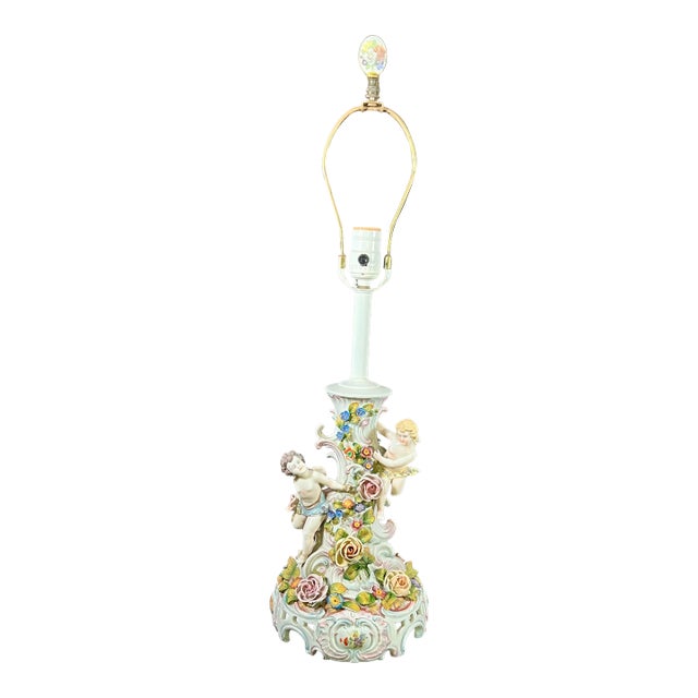 Vintage Rococo Style Porcelain Lamp With Two Cherubs For Sale