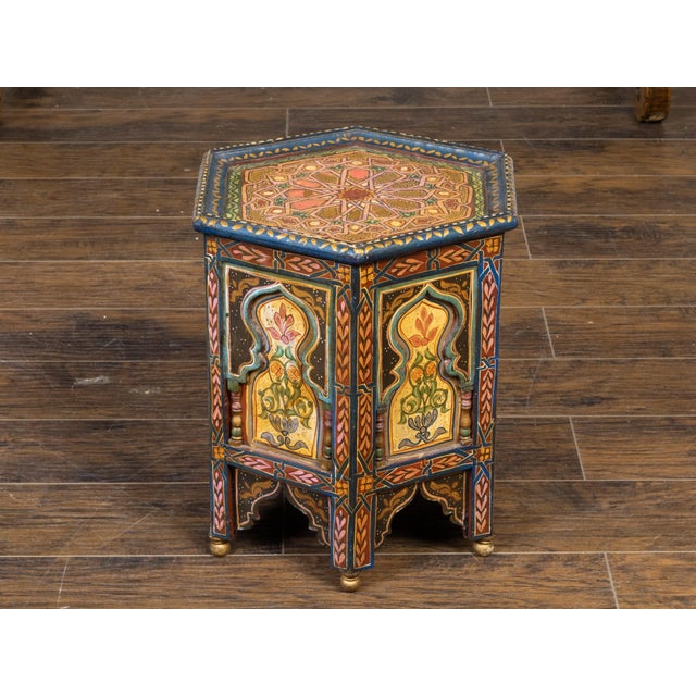 Moroccan Moorish Style 1920s Table with Hexagonal Top and Polychrome Décor For Sale - Image 4 of 10