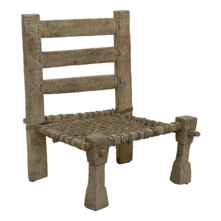 Early 20th Century Carved Wood + Woven Leather Chair For Sale