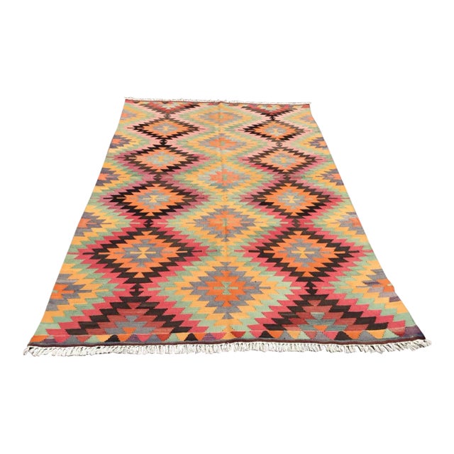 Vintage Turkish Kilim Rug - 75" X 112" For Sale