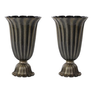 Art Deco Hand-Blown Murano Fluted Black Glass Up-Lights W/ 24kt Gold Flecks For Sale