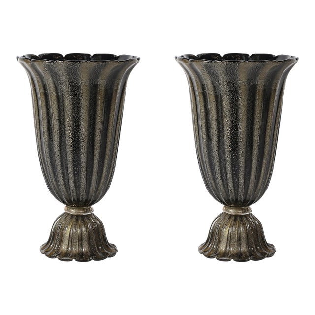 Art Deco Hand-Blown Murano Fluted Black Glass Up-Lights W/ 24kt Gold Flecks For Sale