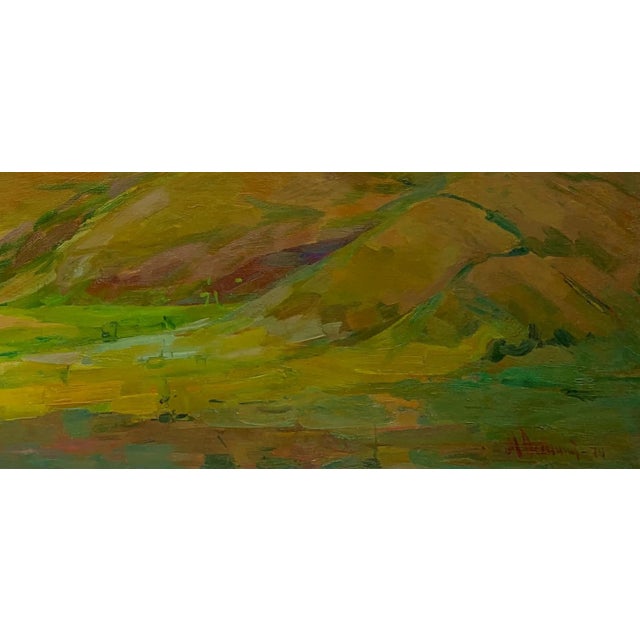 1970s Original Oil Painting, Rural Landscape Art, Farmhouse Wall Decor, Village Scene, Impressionist Style 59-125 For Sale - Image 5 of 6