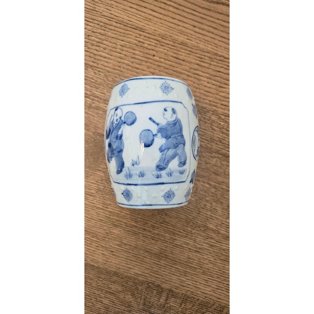 Vintage Chinese Blue and White Porcelain Miniature Drum Stool / Tabletop Garden Seat For Sale - Image 4 of 5