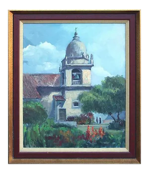 1960s Carmel Mission Landscape Oil Painting by Elmer Ekeroth, Framed