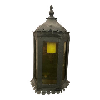 Antique Black Metal Wall Lantern Light With Blown Glass Panels For Sale