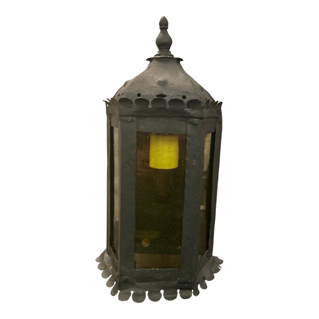 Antique Black Metal Wall Lantern Light With Blown Glass Panels For Sale