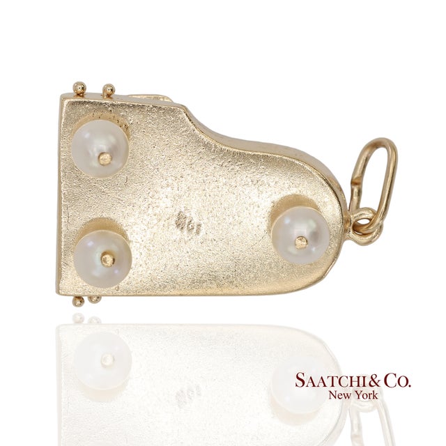 Gold 14k Solid Yellow Gold Pearl and Multicolor Gemstone Piano Charm Pendant For Sale - Image 8 of 11