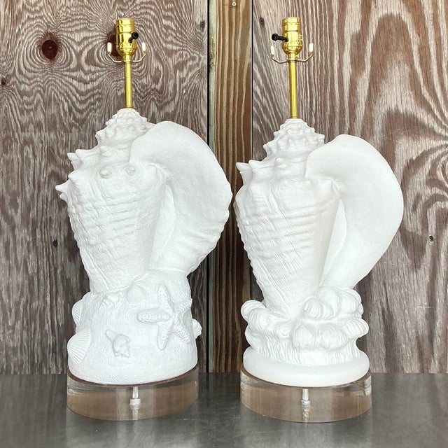Coastal Vintage Coastal Plaster Conch Shell Lamps - Set of Two For Sale - Image 3 of 7