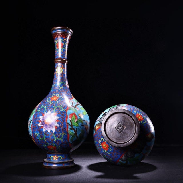Pair of Vintage Chinese Cloisonné "Crane & Peach" Long Neck Vases - 42cm For Sale - Image 4 of 9