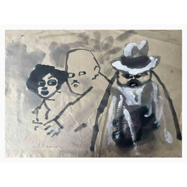 Figures is a watercolor and white lead Drawing realized by Mino Maccari (1924-1989) in the 1950s. Hand-signed on the...