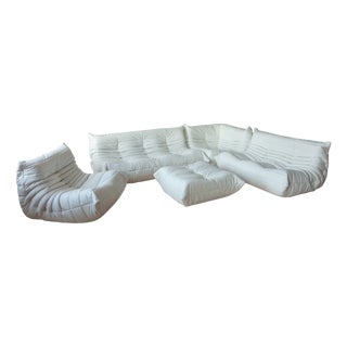 Togo Living Room Set in White Leather by Michel Ducaroy for Ligne Roset, Set of 5 For Sale