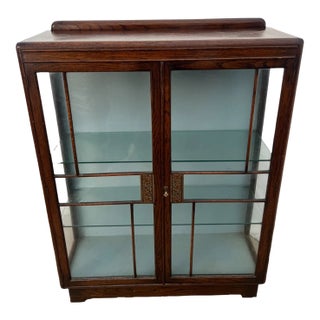 1930s Art Deco China Cabinet Curio Locking Double Door Two Glass Shelves For Sale