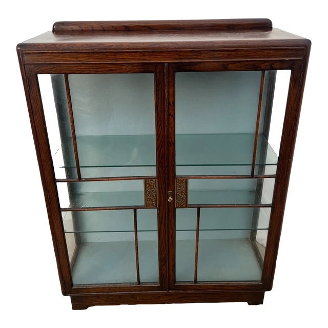 1930s Art Deco China Cabinet Curio Locking Double Door Two Glass Shelves For Sale