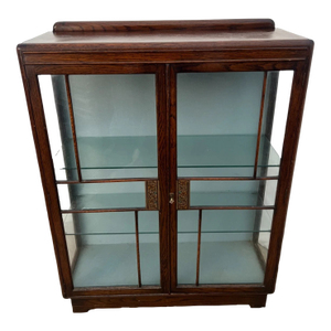 1930s Art Deco China Cabinet Curio Locking Double Door Two Glass Shelves