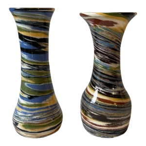 Mid 20th Century Desert Sands Multi Color Swril Art Pottery Vases - a Pair
