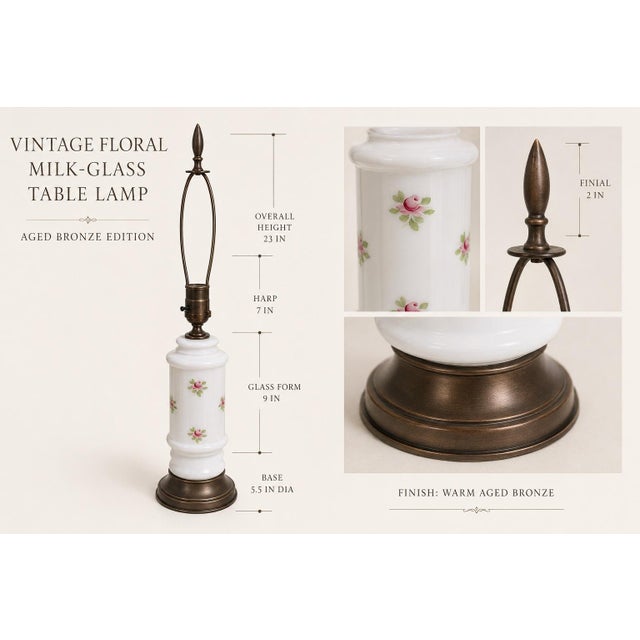 A charming vintage floral milk-glass table lamp, thoughtfully updated with a warm aged-bronze finish and a tailored...