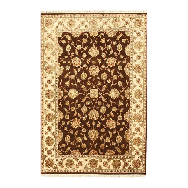 Standard Size Brown Hand-Knotted Wool Silk Floral Tapestry Traditional Rug For Sale