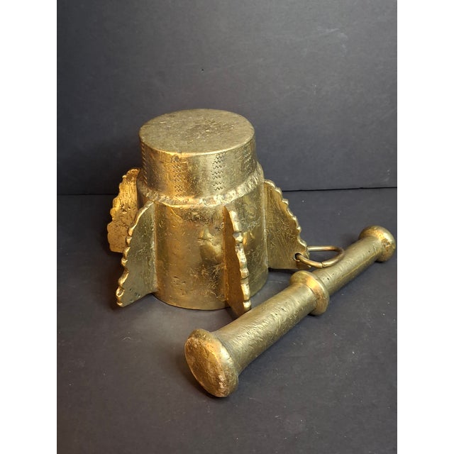 Bronze Museum Antique Heavy 18lb Bronze Mortar and Pestle Ribbed Fins Suspension Ring Judaica Sourced J Greenstein For Sale - Image 8 of 18