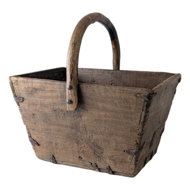 Antique Wabi-Sabi Wooden Log Basket with Wrought Iron Fittings For Sale