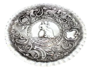 Relief Silver Wall Tray with Seated Female Figure, Monogram Plaque and Wavy Edge