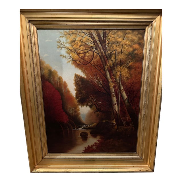 Late 19th C. Large and Dramatic Oil Painting of Woodland Landscape in Original Frame For Sale