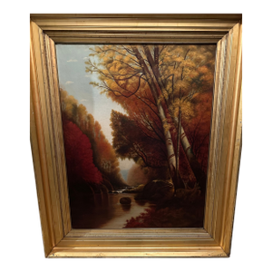 Late 19th C. Large and Dramatic Oil Painting of Woodland Landscape in Original Frame