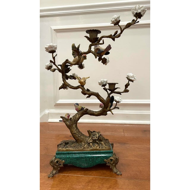 Metal Faux Malachite Bronze Ormolu Birds Candleholder-2 Available For Sale - Image 7 of 12