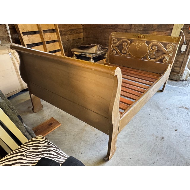 Wood Vintage Hand-Painted Country Provincial Wooden Bed Frame For Sale - Image 7 of 13