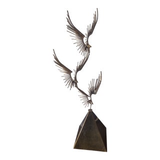 Signed & Dated Curtis Jere 1976 "Birds in Flight" Bronze Floor Sculpture on Brass Pedestal For Sale