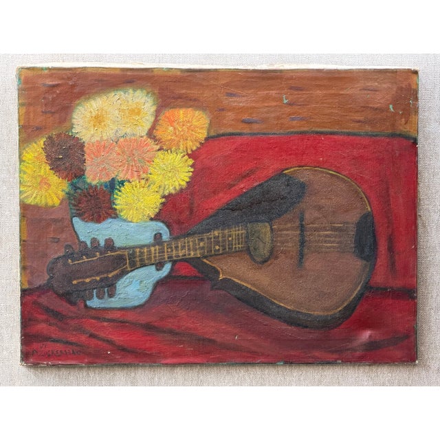 Still Life Mandolin and Flowers Painting by Abe Zuckerman, 1958 For Sale - Image 4 of 16