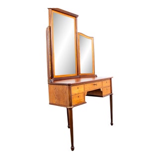 1950s Mid Century Danish Modern Vanity Table Desk Oak Mirror Locking Drawers Vintage For Sale
